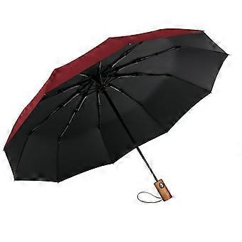 Windproof Travel Umbrella for Men, Compact Automatic Folding Design with Wooden Handle, Red