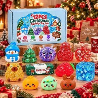Hlraizz  12Pcs Christmas Squishy Toy Gift Box, Assorted Festive Squeeze Toys, Soft Fidget Stress Relief Toys For Holiday Stocking Filler & Kid Party P
