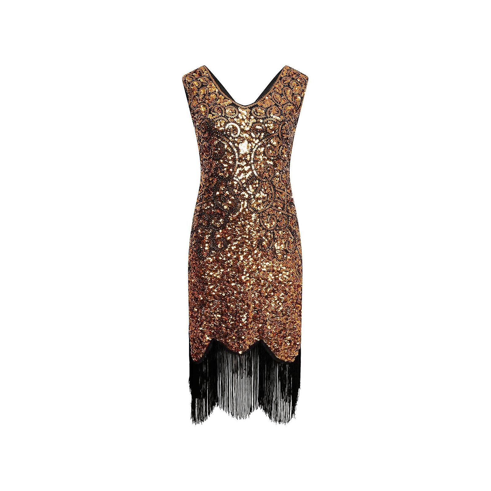 1920er Flapper Kleid V-Ausschnitt Pailletten Perlenkleid Roaring 20er Jahre Gatsby Fransen-Partykleid