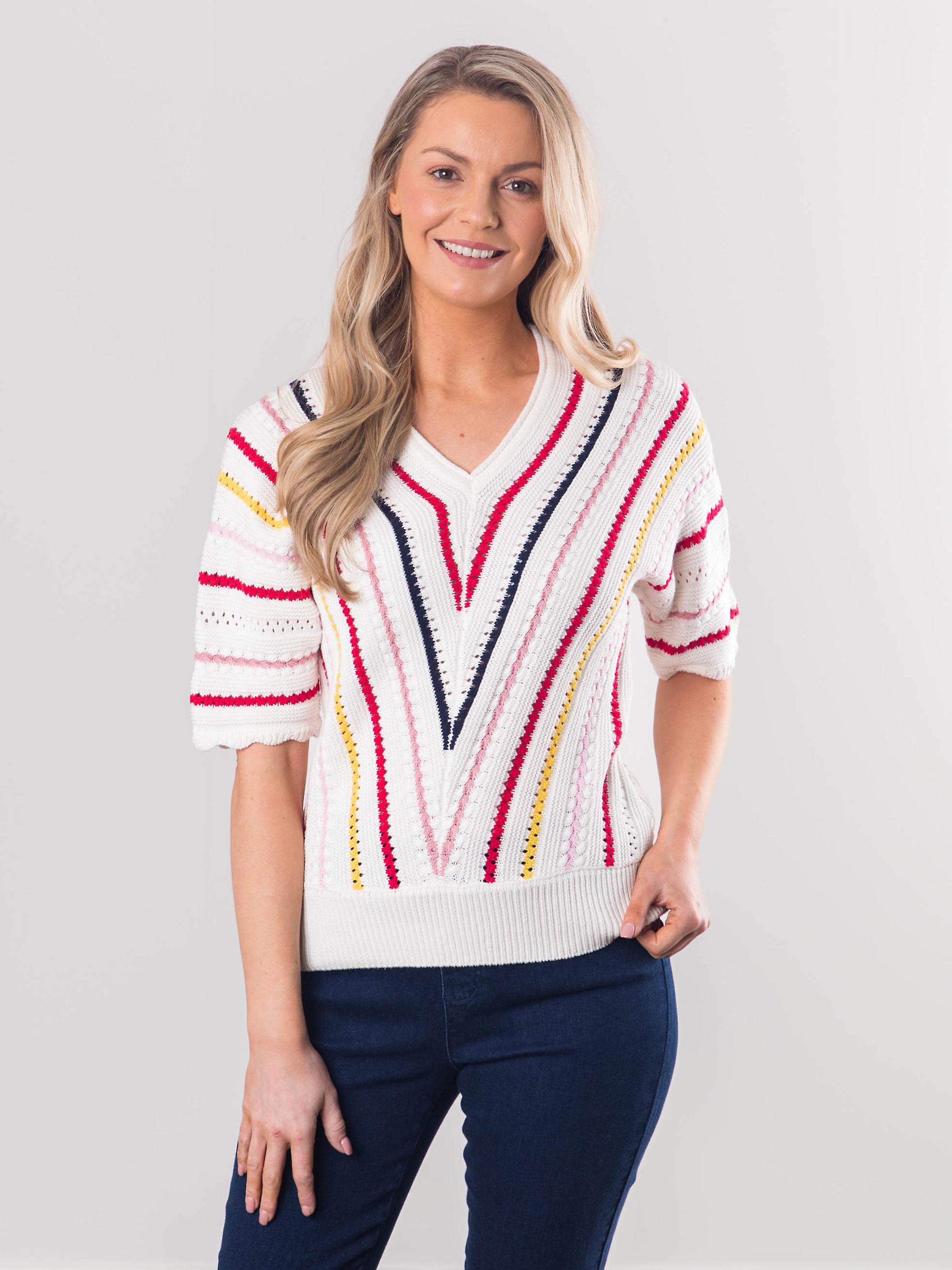Bridget Multi Stripe V-Neck Jumper in White