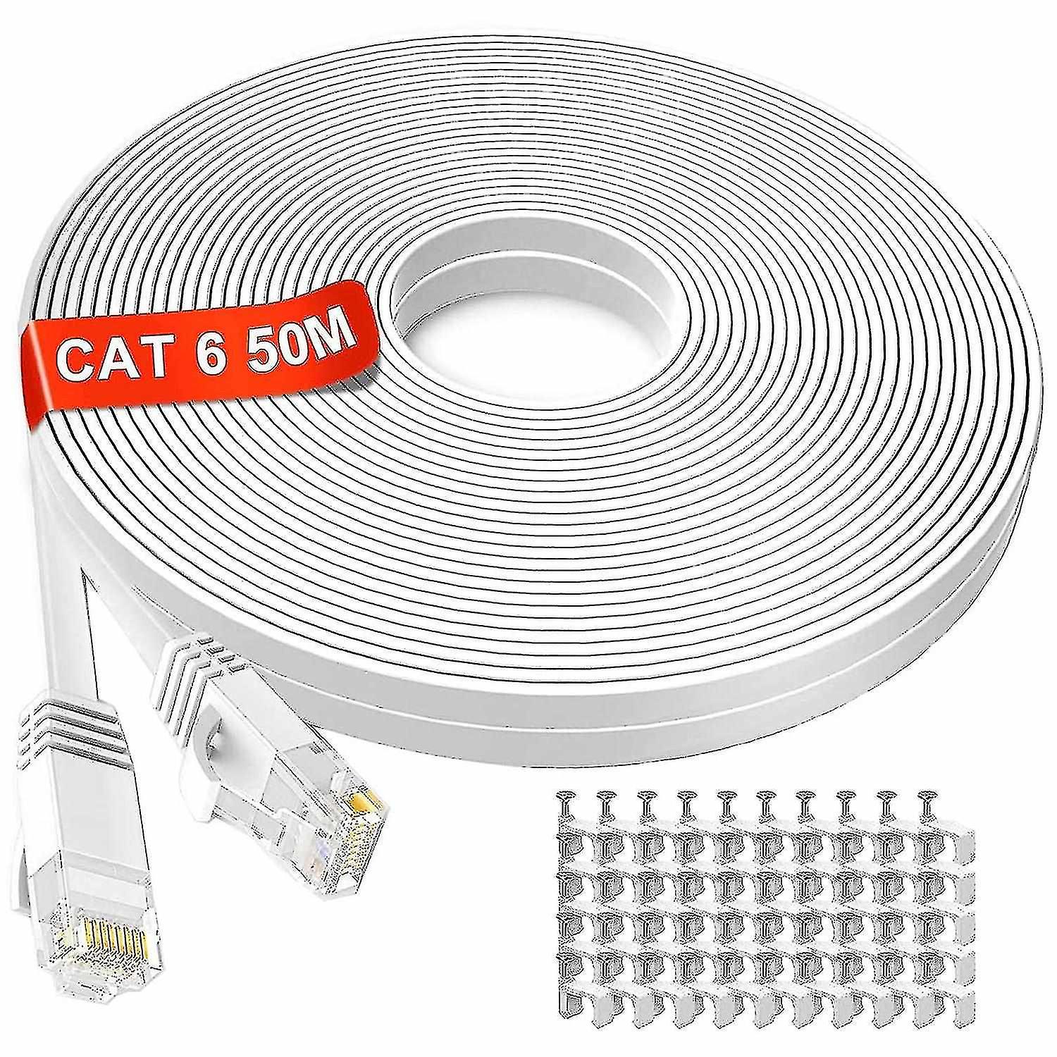 Ethernet Cable 50m, Cat6 Extra Long Flat Internet Cable 50 Meter, High Speed Network Cable White, Rj
