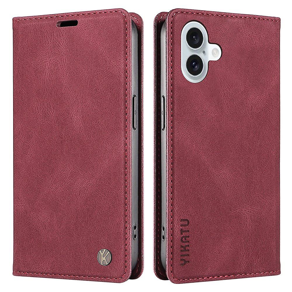 YIKATU YK-004 For iPhone 16 Plus Leather Cover Skin-Touch Wallet Phone Cases Wholesale - Wine Red