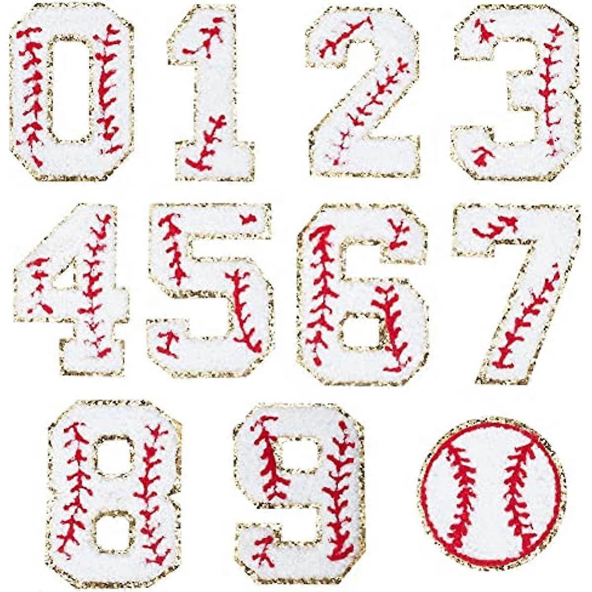 11 Pcs Number Iron on Patches 0-9 Numbers Flat Tennis Shaped Applique Chenille Patches Embroidered Gold Baseball Style Patch for Clothes Dress Hat DIY
