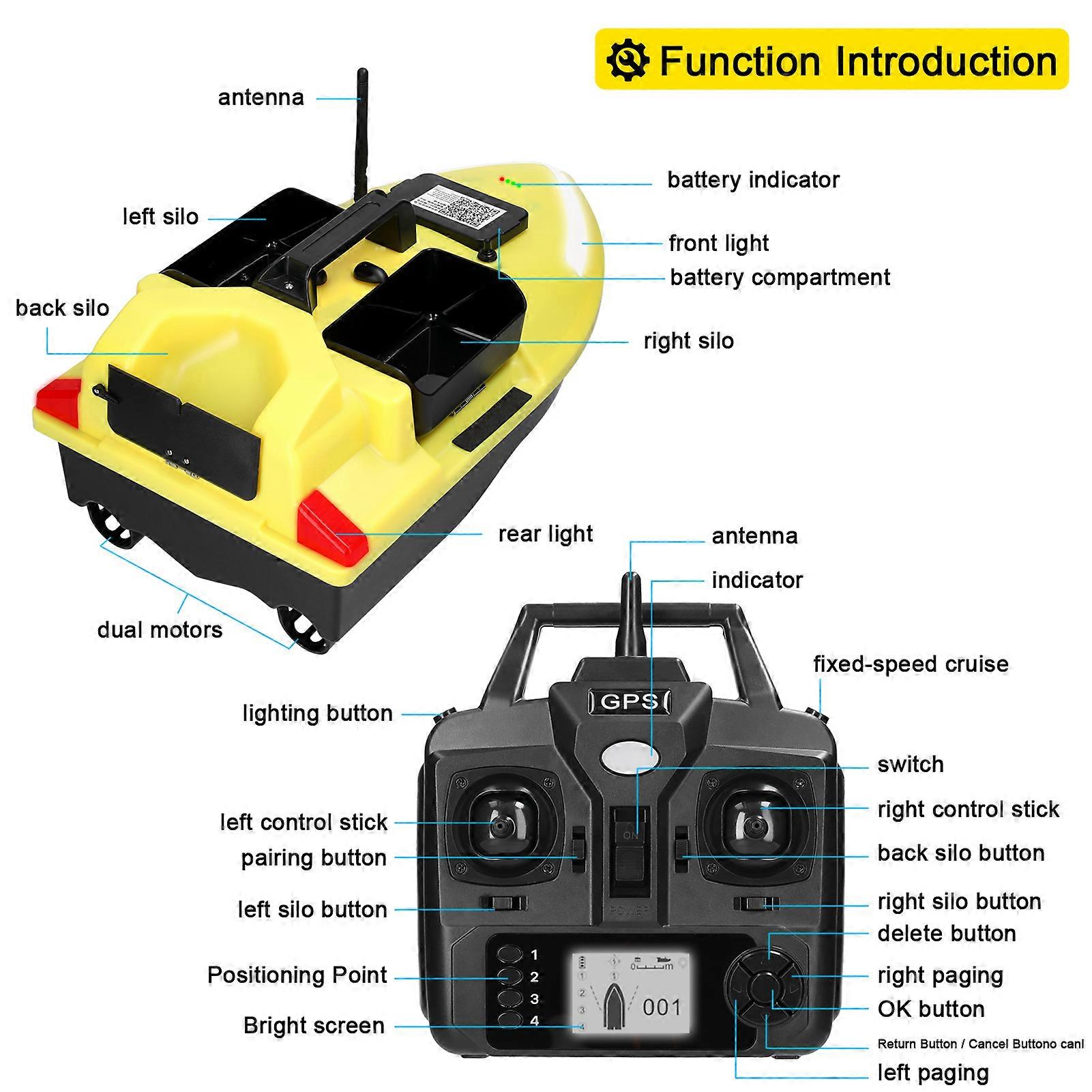 Bateau Télécommandé QUIOTUIR Pour Appâts - 500m Portée, Double Moteur, LED, Capacité 1,5kg