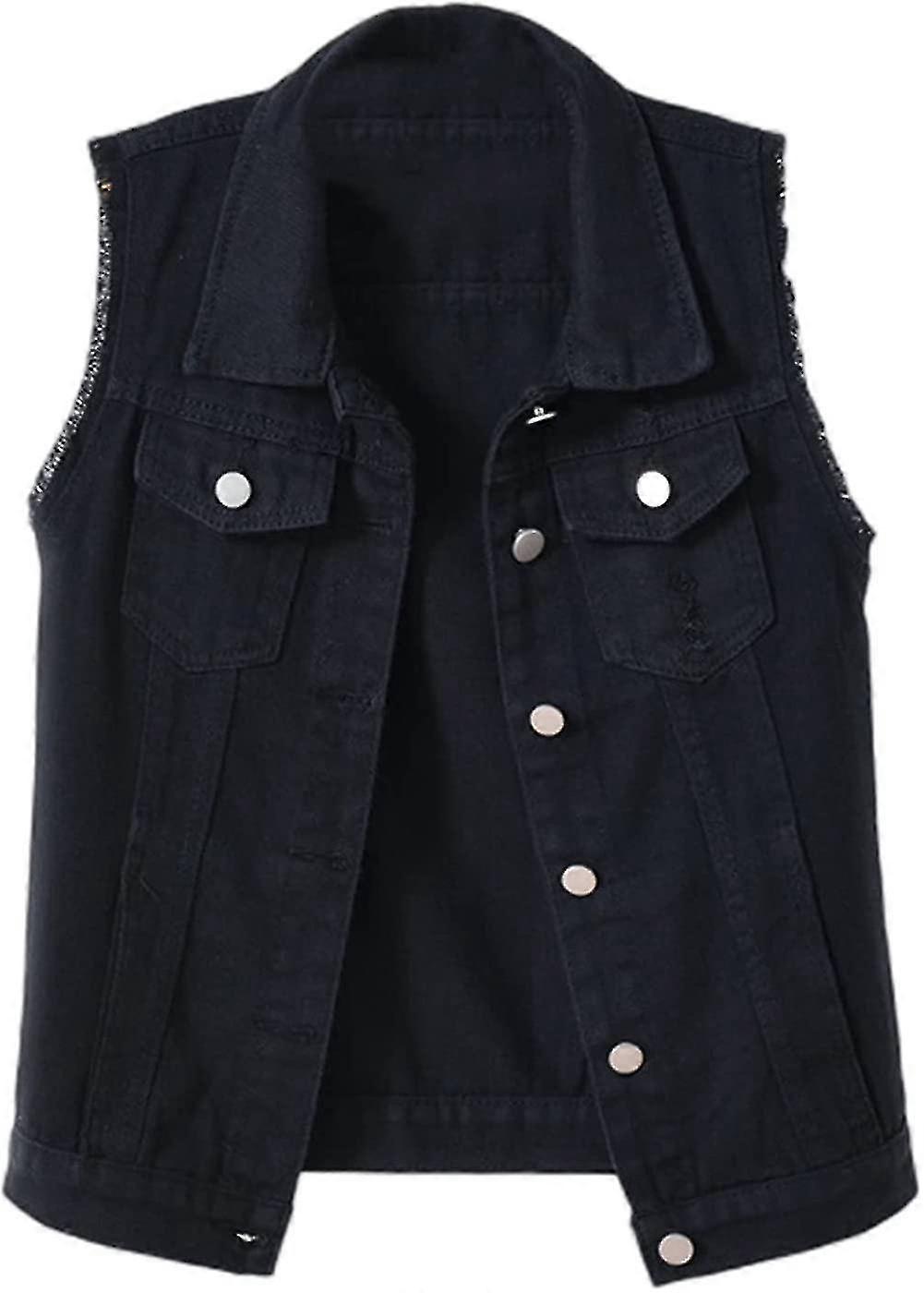 Kvinder Crop Denim Vest Jakke Ærmeløs Button Down Rippet Casual Waistcoat Jakke