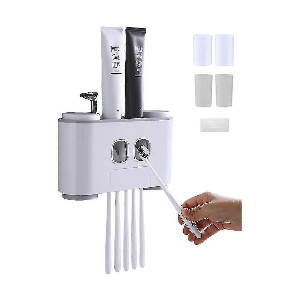 4 Person Wall Mounted Toothbrush Holder With 2 Toothpaste Dispensers, 4 Cups And 5 Toothbrush Compar