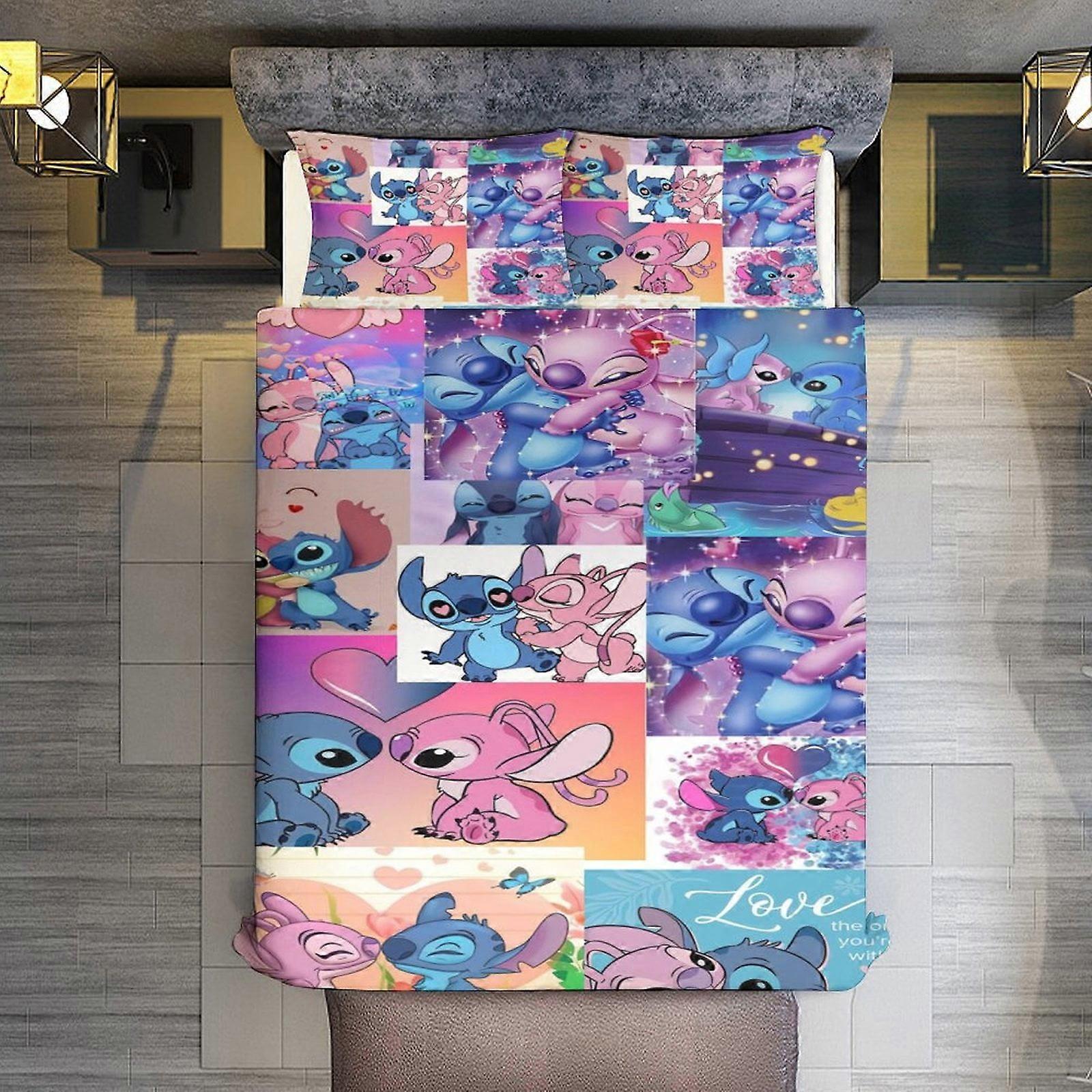 v734 침대 시트 침구 3피스 세트, 엔젤 앤 스티치 이불 세트 (어린이, 남자아이, 청소년용) 3D 경량 마이크로파이버 침구 세트 (이불 커버 1개 포함)