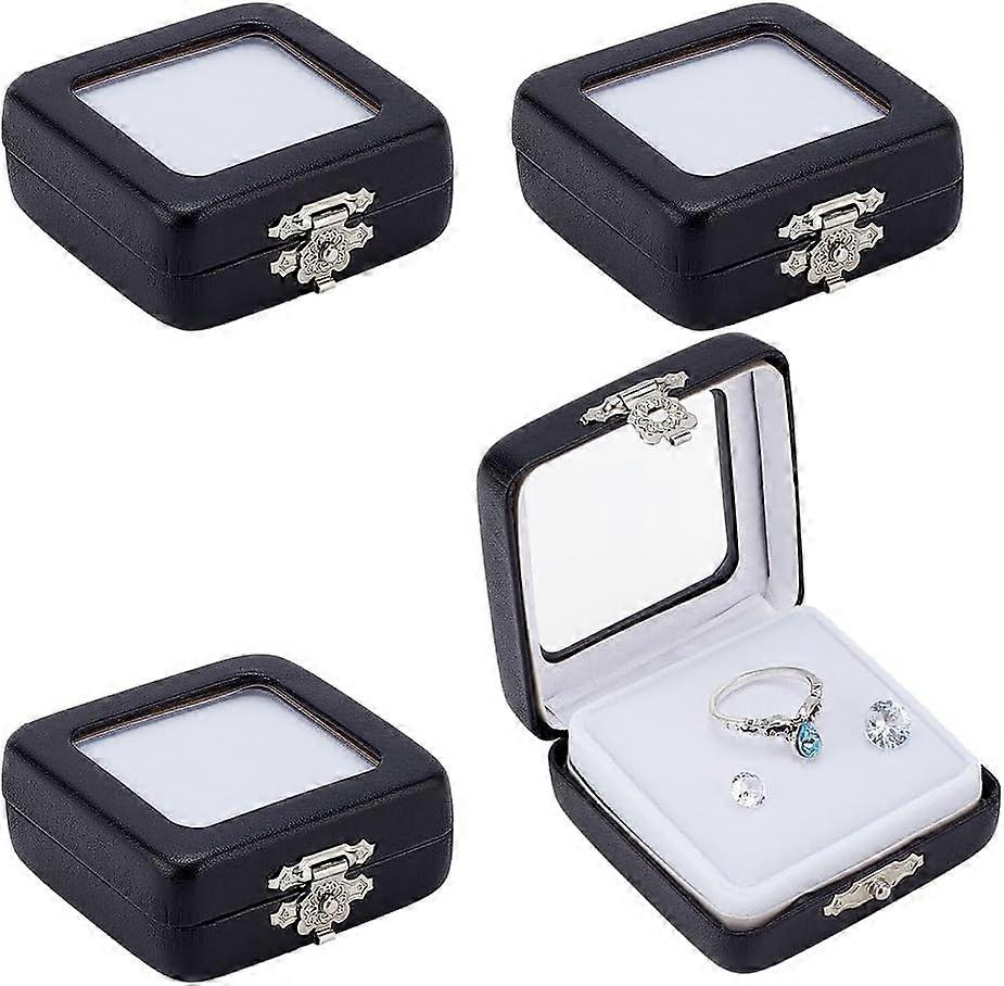 4pcs PU Leather Gemstone Display Box Small Jewelry Containers Black Rectangle Storage Case Rock Collection Box with Visible Window and Sponge for Smal