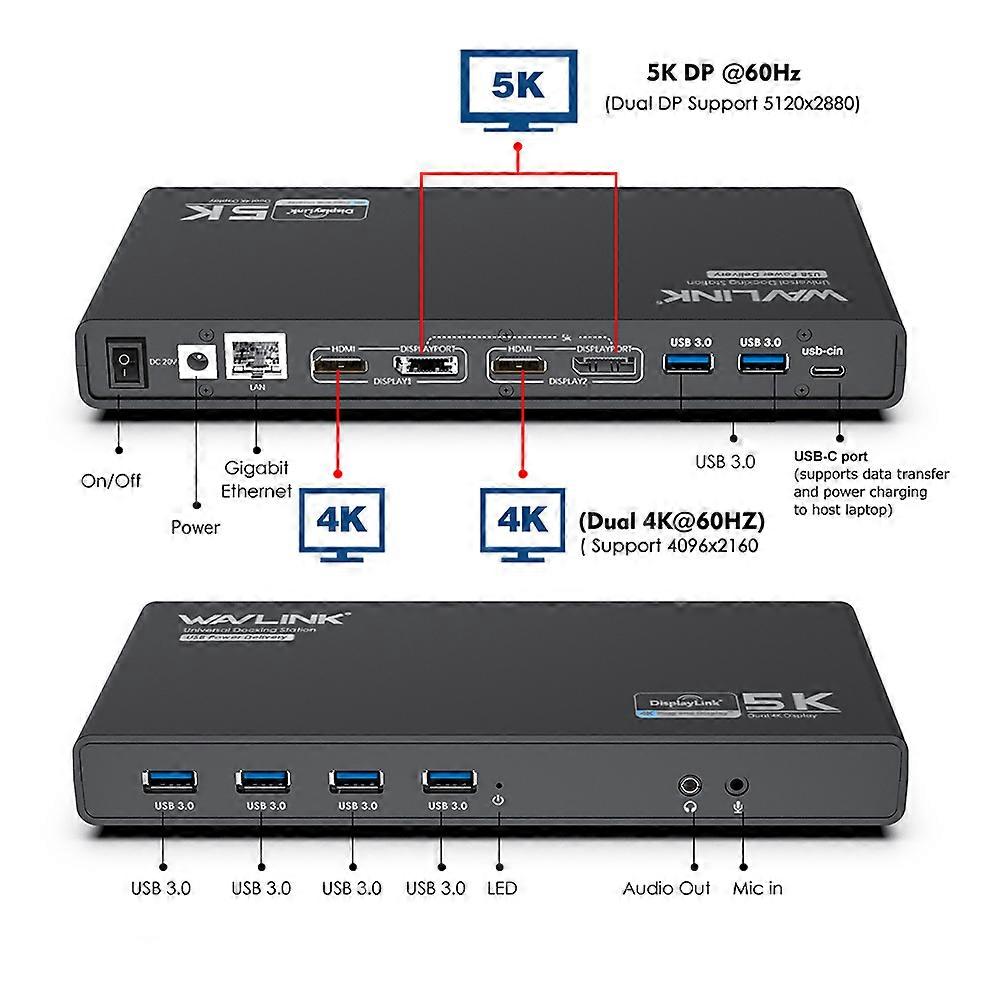 USB C Universal Dual 4K/Single 5K Display Docking Station With 65W Laptop Charging HDMIport Supports Windows, Mac OS