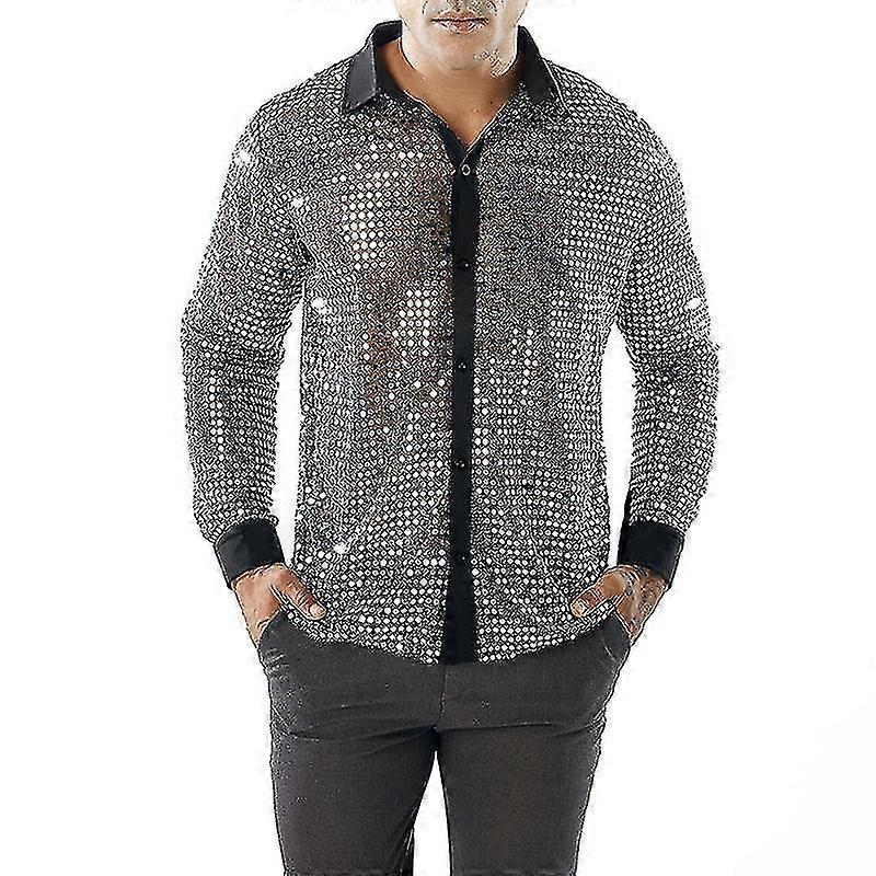 Top da uomo in mesh di paillettes lucide, camicia Disco Dance anni '60 '70