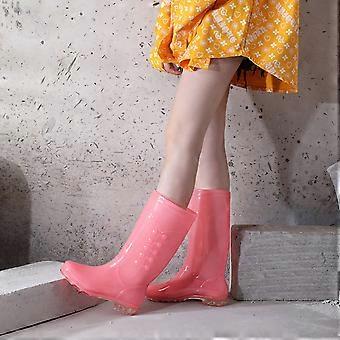 Pink PVC Transparent Non Slip Waterproof Tall Rain Boots with Plush Cotton Cover for Women Adults Size 37