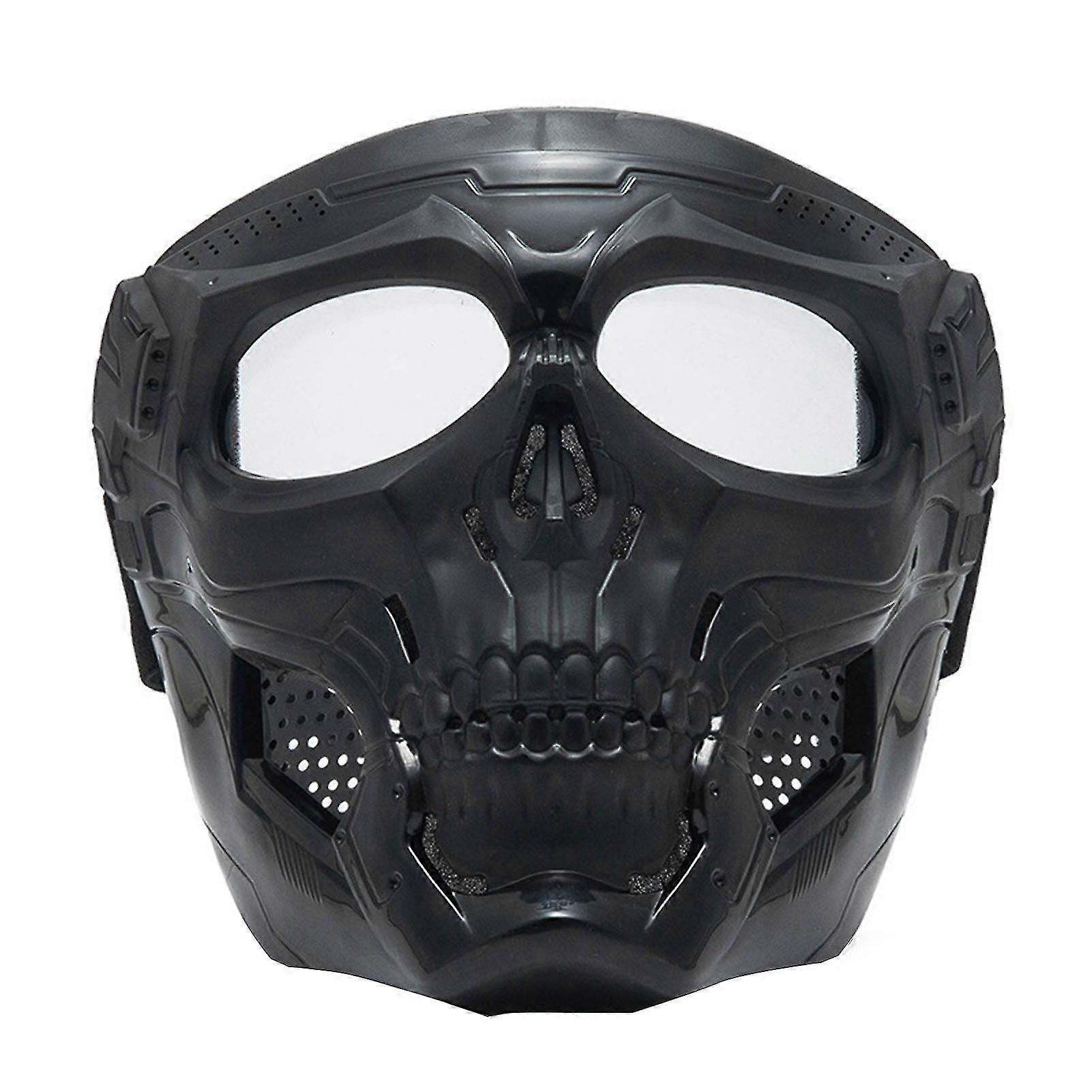 Motorcycle Goggles Mask - Skull Shape, Adjustable Non Slip Strap, Offroad Cycling Eyewear (Black, Transparent Lens)
