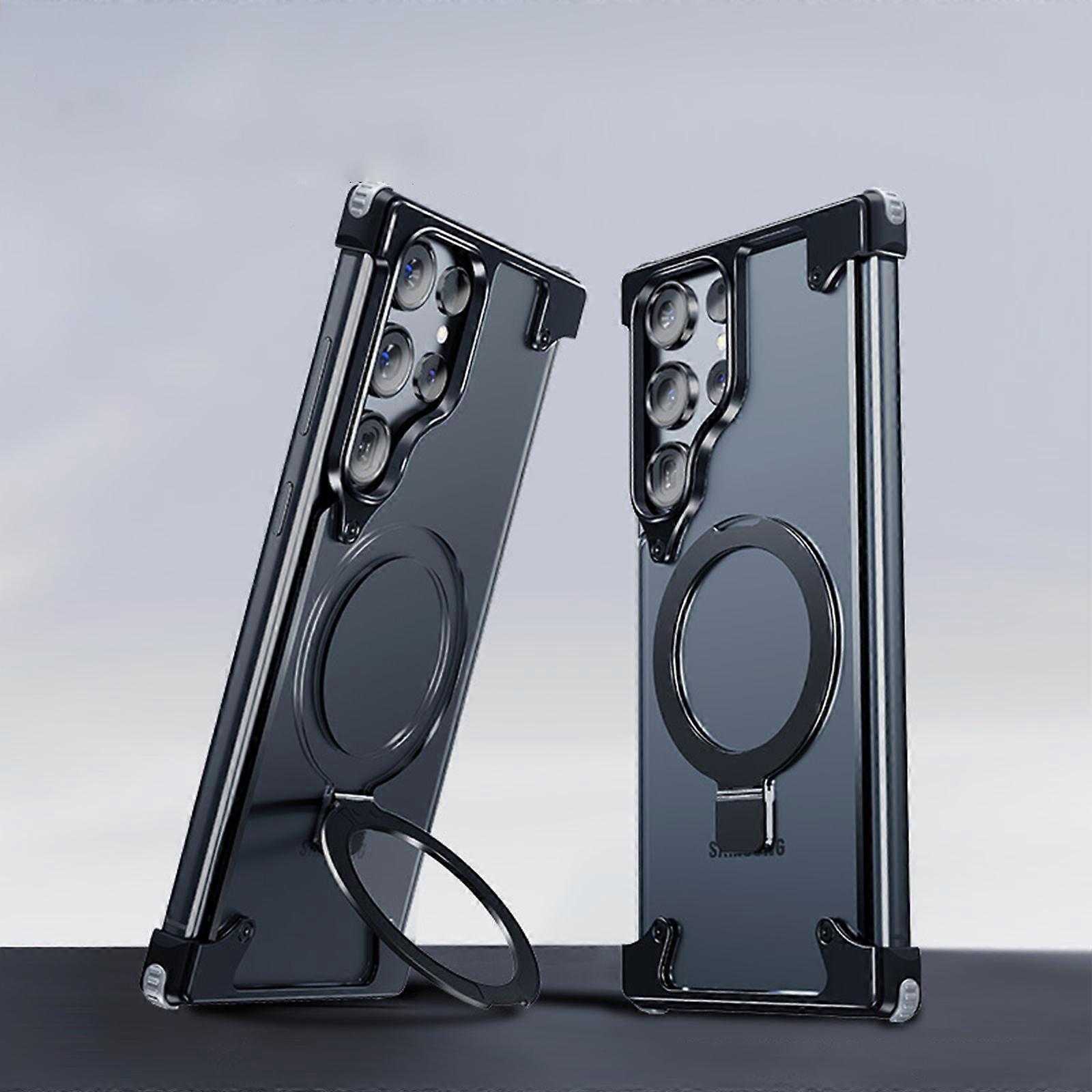 para Samsung Galaxy S24 Case com Kickstand Magsafe Invisível, Moldura Menos Frameless Metal Slim Hard Ultra Thin Shockproof Case com suporte de anel, ímã