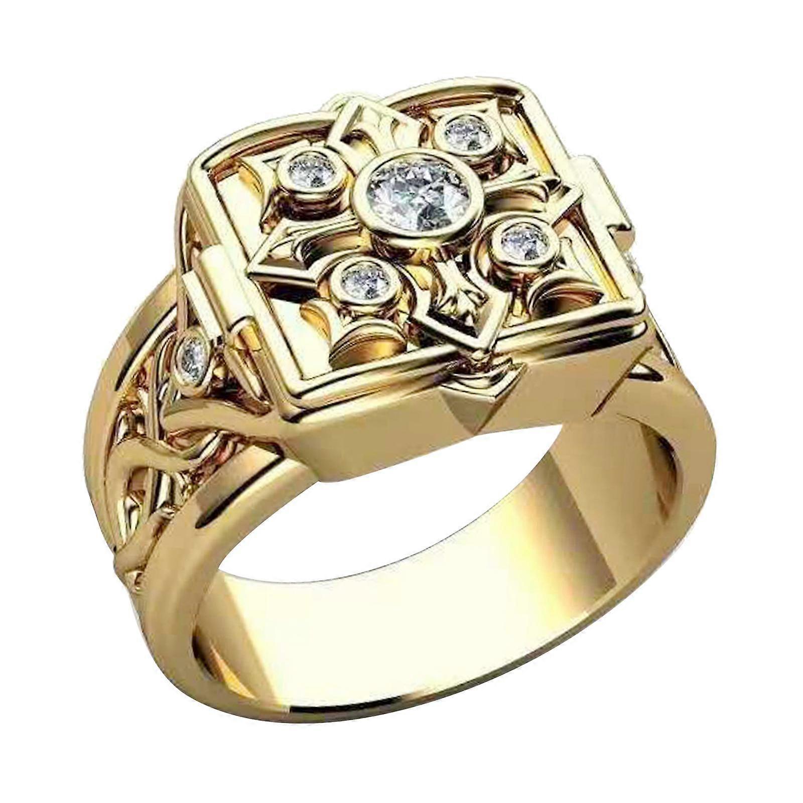 Plated Punk Style Cross Flower Pattern Zircon Ring for Men Golden 7