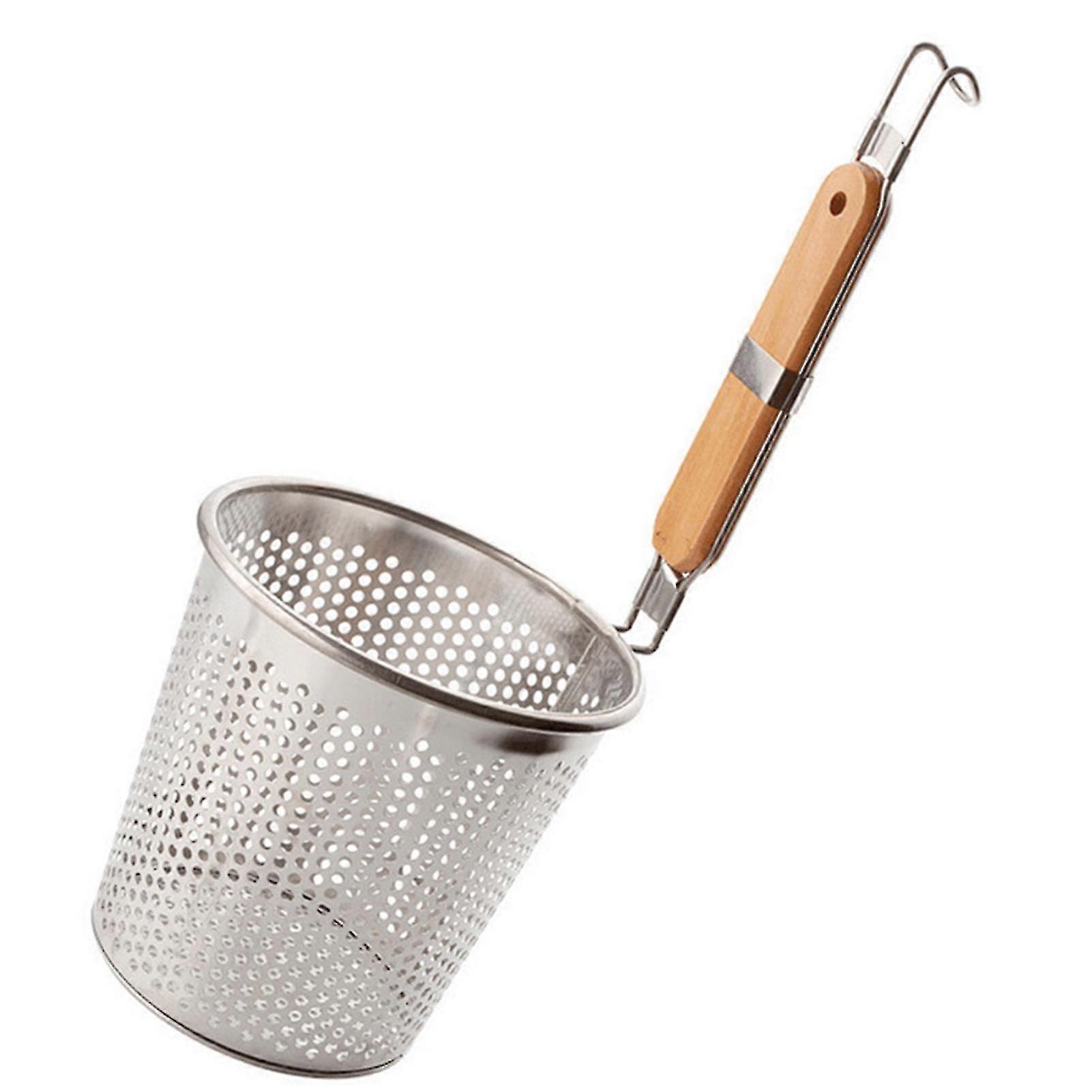Panier à pâtes en maille d’acier inoxydable avec poignée antidérapante en bois et crochet de suspension de queue, léger