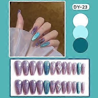 24pcs Ballerina False Nail Purple Blue Reusable Nail With Shiny Glitter