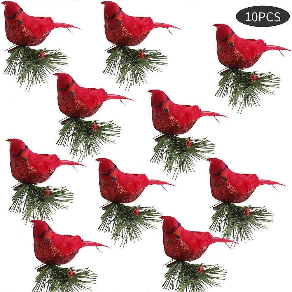 10Pcs Artificial Red Feathers Cardinals Xmas Tree Embellishments