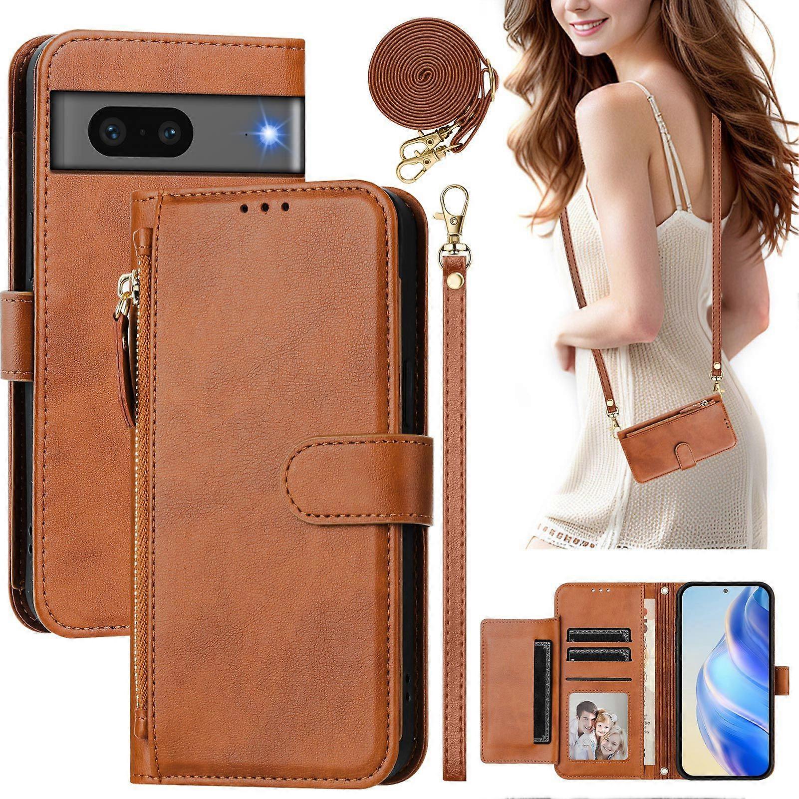 Flip Case for Google Pixel 7 Protection Soft PU Leather Zipper Wallet Cover with Card Holder and Long Strap