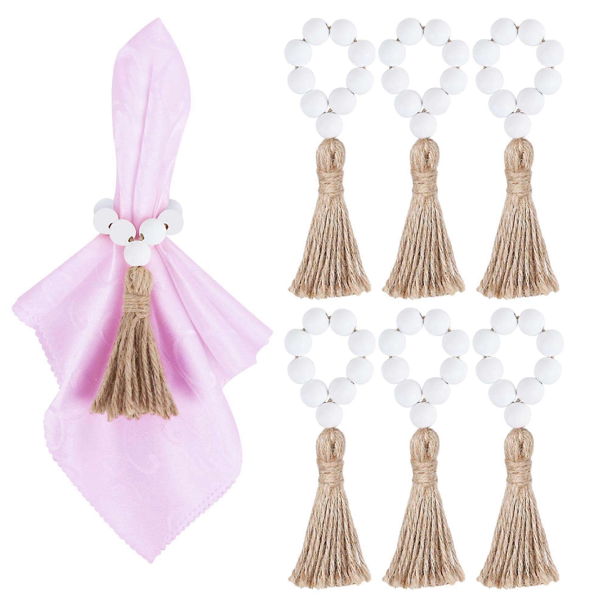 6 Wooden Bead Napkin Rings with Tassels, Stretchable Farmhouse Decor for Dining Table, Rustic Style Tableware Set