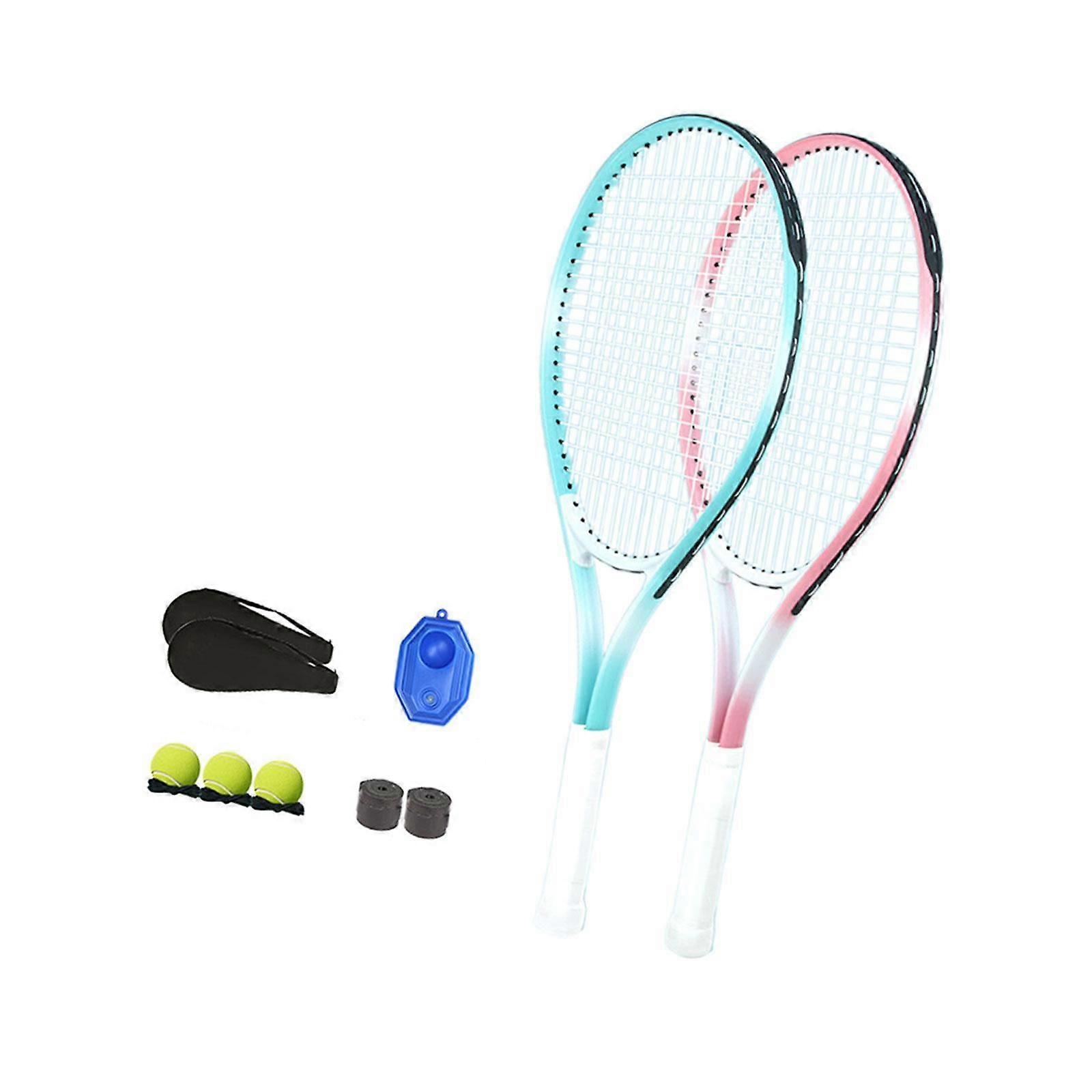 Tennis Racket Set with Tennis Trainer Rebound Balls for Park Indoor Backyard Pink and Blue