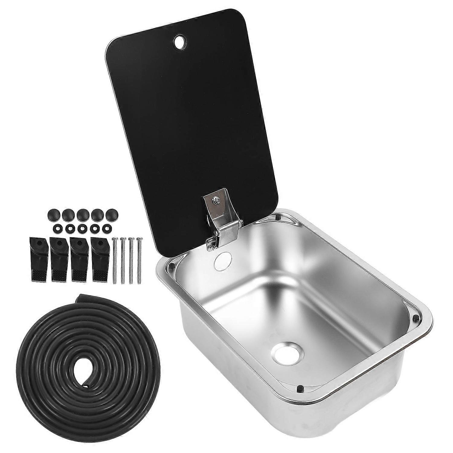 RV Single Bowl Bar Sink 15 X 11 X 5.4in Square Stainless Steel with Tempered Glass Lid and 40mm Drai