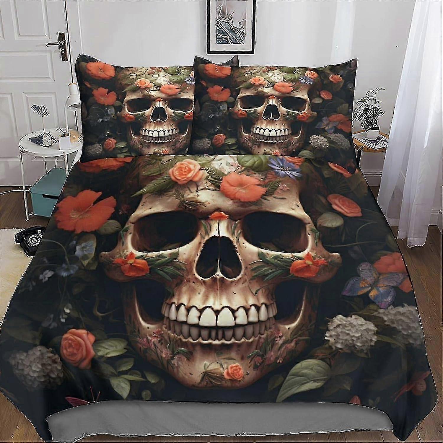o4488 Lençóis Flores Crânio Capa Edredom Impressão 3D Conjunto de Cama Decorativo Conjunto de 3 Peças Esqueleto Maligno Conjunto de Capa de Edredão Capa de Colcha com Travesseiro