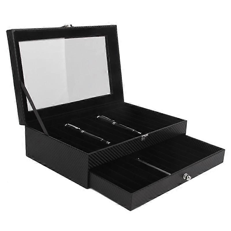 24 Slots Wooden Pen Display Storage Box 2 Layer PU Pen Case Carbon