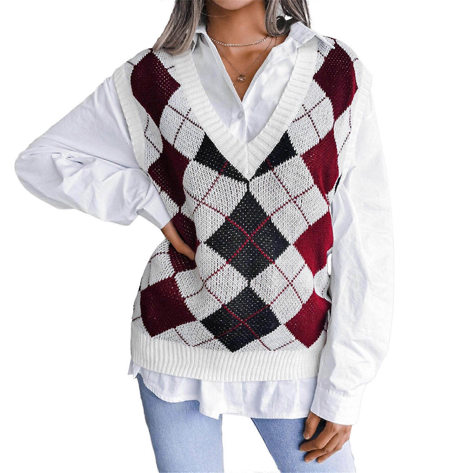 Γυναικεία Πλεκτά Πουλόβερ Γιλέκο Preppy Style Plaids Crop Πουλόβερ Γιλέκα Y2K V Λαιμός Αμάνικο JK Uniform Pullover Πλεκτά Μπλούζες Κόκκινο S