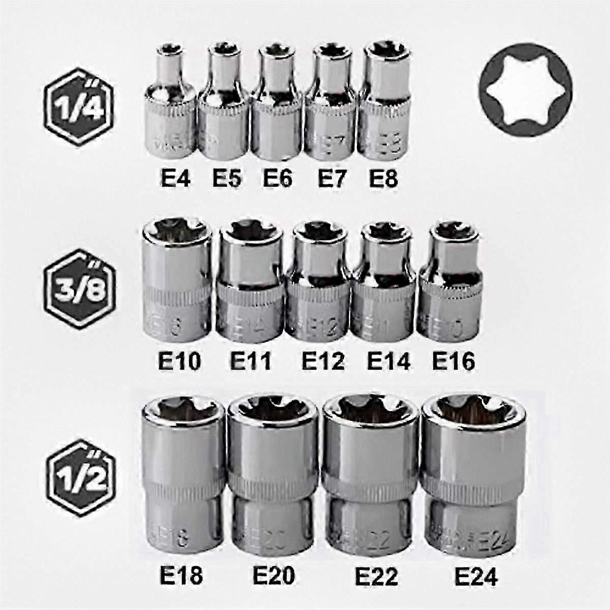 14PCS Female E Star Torx Socket Set E4-E24 Compatible with Various Brands E-Torx External Hex Socket Insert Nut