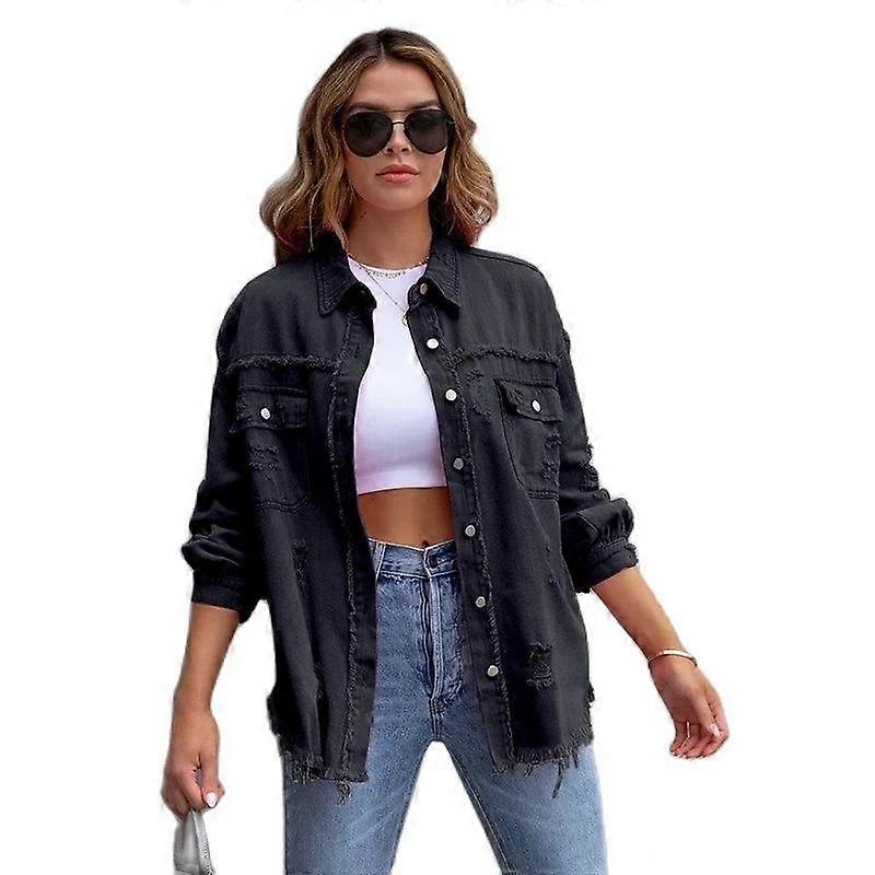 Spring Autumn Women's Holes Raw-edges Denim Jacket Women Shirt Style Casual Top Outerwear Lady Coat