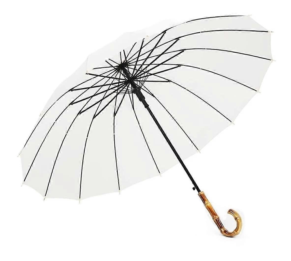 White Large Windproof Golf Umbrella with Bamboo Handle for Sun and Rain Protection