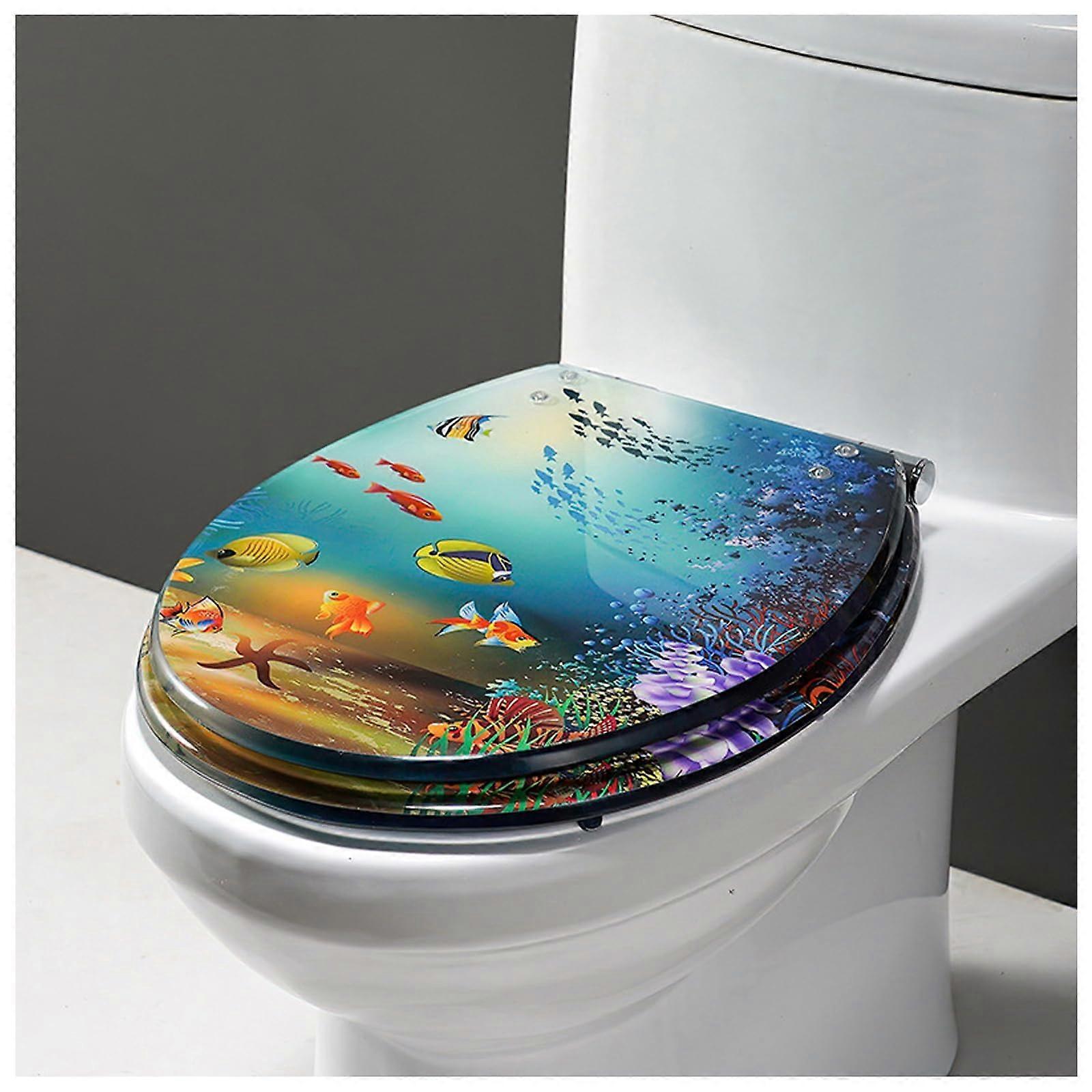 Toilet Seat Slow Close Transparent Cover Standard Resin with Chrome Hinges 3D Ocean Series Round