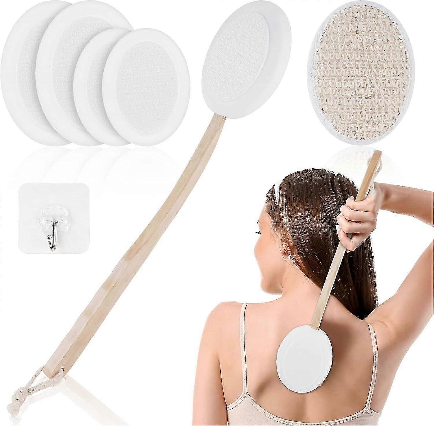 Back Cream Applicator, Back and Body Lotion Applicator with 4 Replaceable Brush Heads and 1 Hook, Long Handle Bath Brush Shower Massage Brush