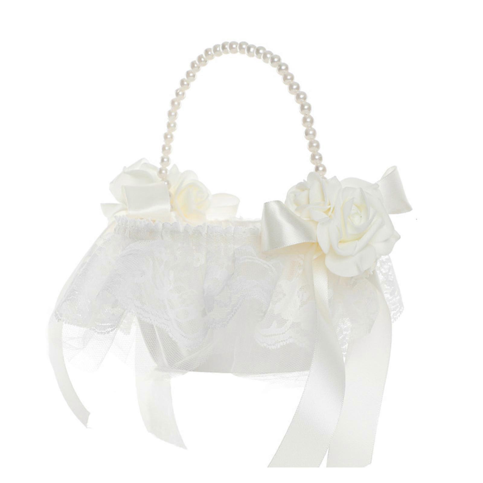 Pearls Bridal Basket For Flower Girls Small Size White Petal Holder With Handle Lace Pearls and Decorative Flower Multicolor