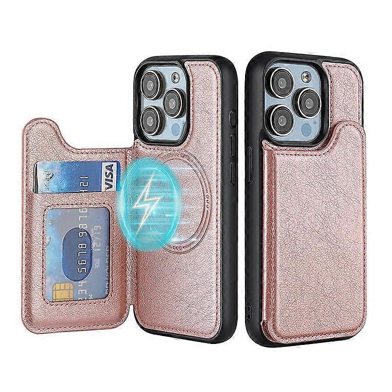 מגן עבור Iphone 14 Pro עור רוז גולד מגנטי מחזיק כרטיסים חריץ ארנק Ee230