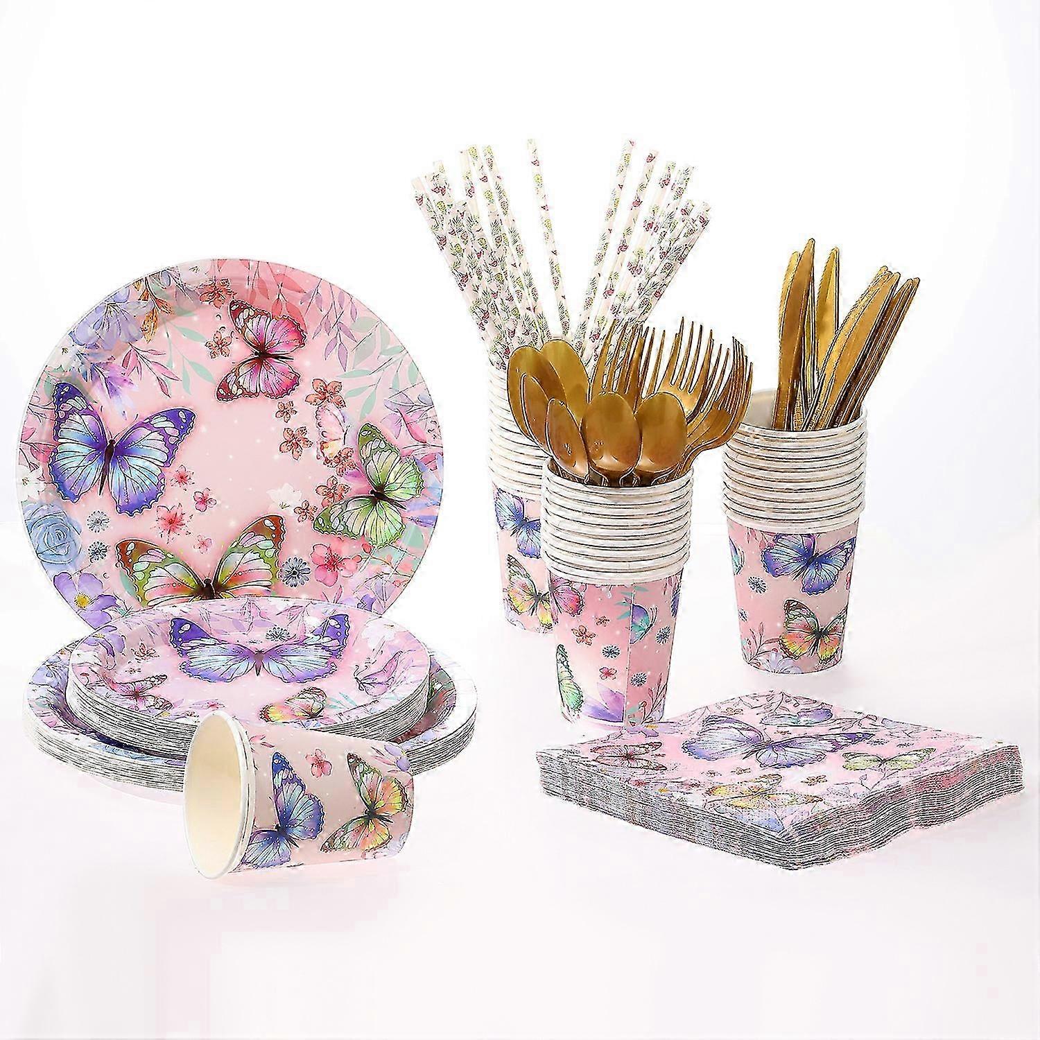 لوازم حفلة عيد ميلاد الفراشة - تشمل أدوات المائدة زينة حفلة الفراشة لوحة ورقية ، منديل ، كوب ، أدوات مائدة يمكن التخلص منها ، استحمام طفل فراشة