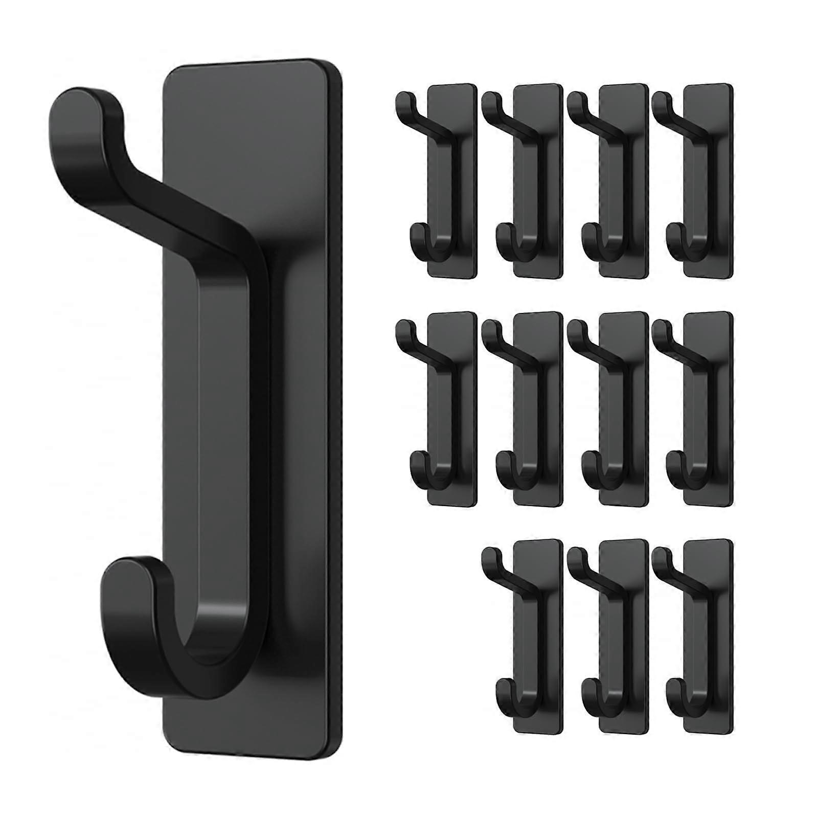12-Pack Self-Adhesive Hooks for Hanging Towels/Coats/Loofahs, Up to 10 Lbs, Extra Sticky Heavy Duty Removable Stainless Steel, Wall Mount, Black