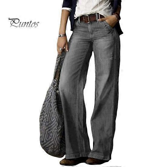 Women Jeans Retro Straight Distressed Solid Color Multi Pockets Mid Waist Button Zipper Closure Streetwear Full Length Long Trousers