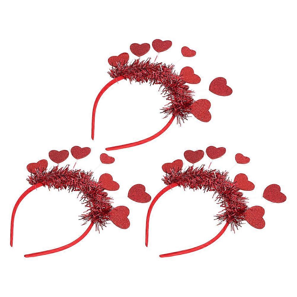 Sparkling Heart Shaped Headband for Party Red Cloth and Plastic Lightweight Comfortable Valentine Day Hair Accessory 3pcs