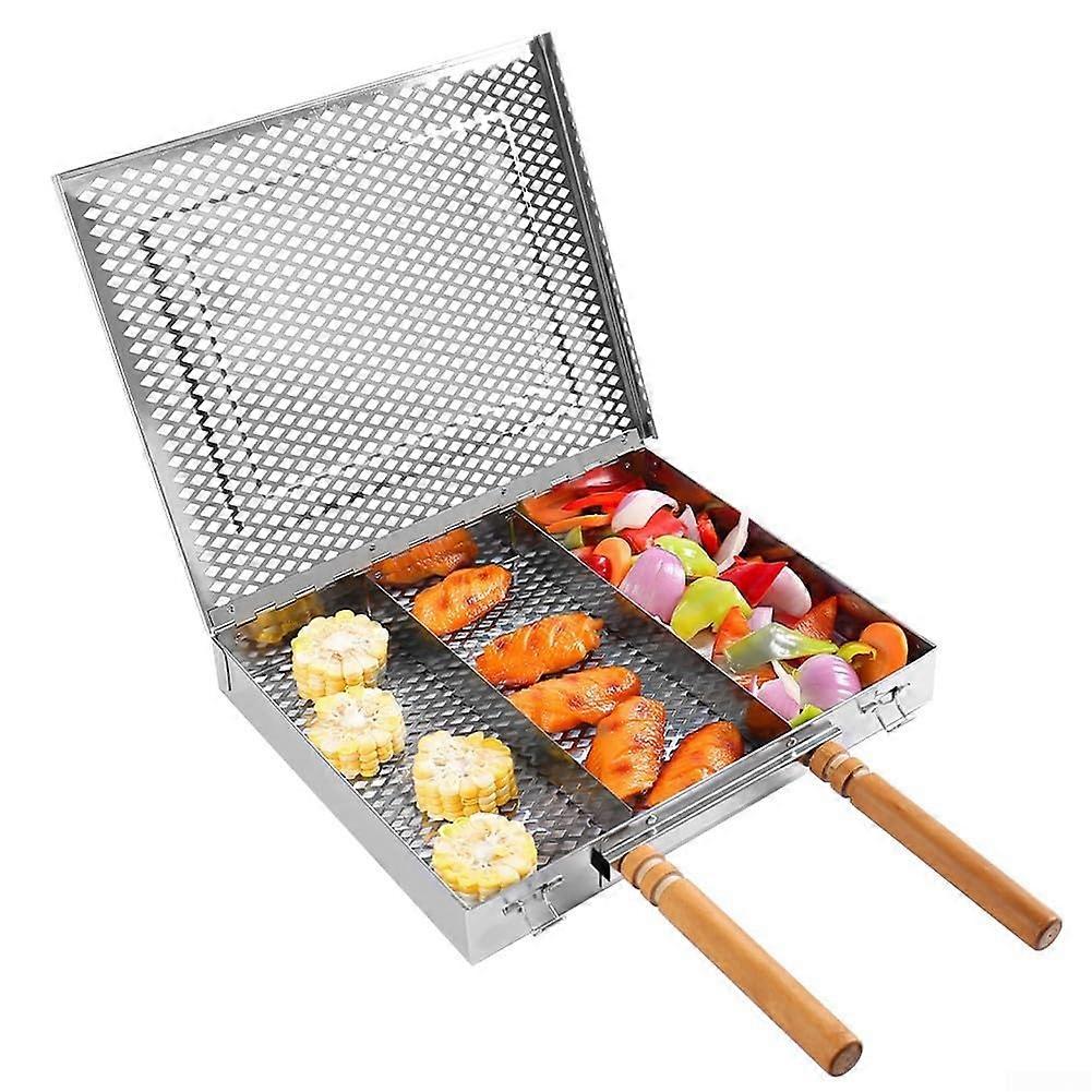 Grillplatte aus Edelstahl mit Holzgriff – Rechteckige Grillplatte für Outdoor Kochen, Camping, Picknicks, 25,5 x 30,5 cm