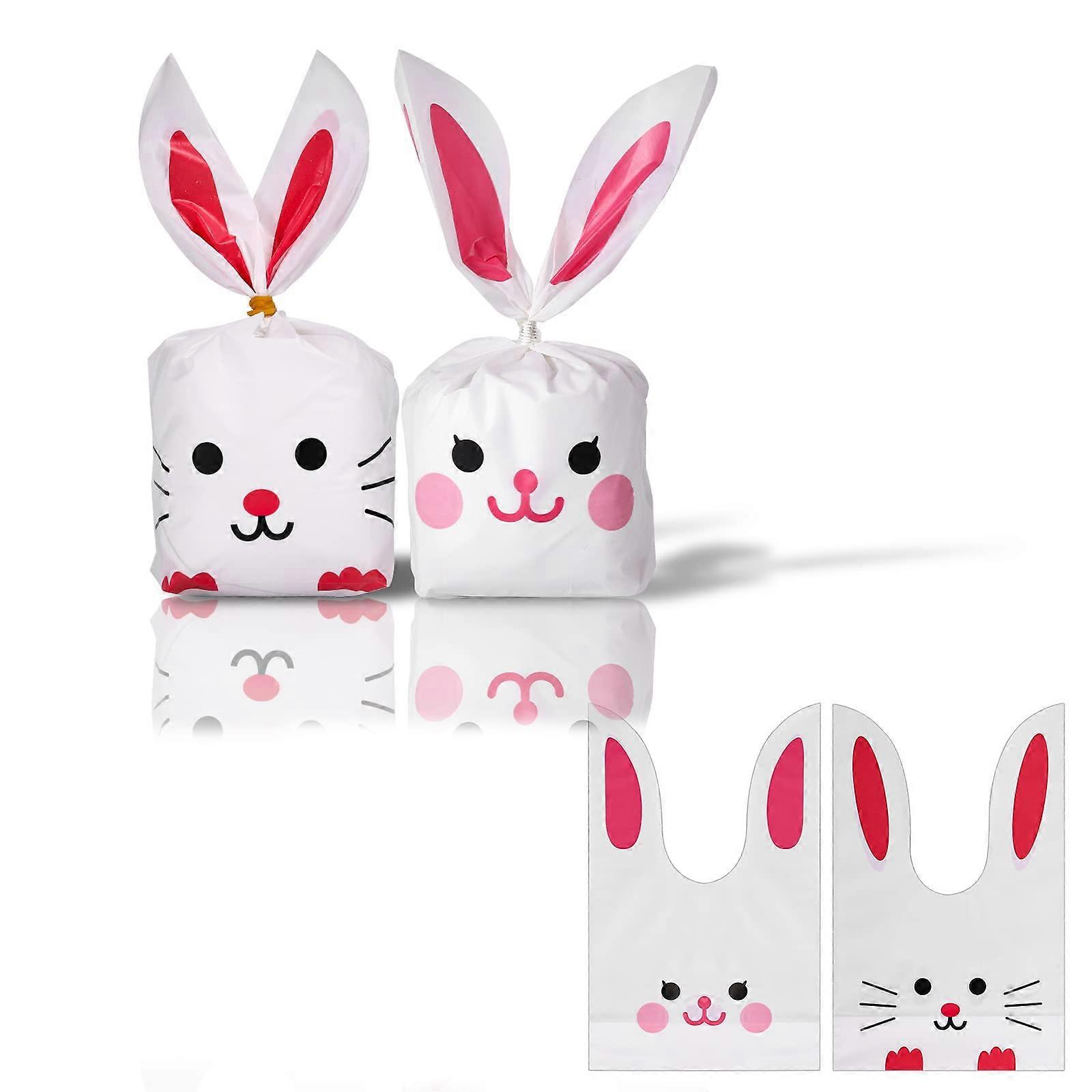 Easter Candy Bags Pack Of 100 13 X 23 Cm, Plastic Gift Bags With 100 Gold Ties, Transparent Rabbit And Cat Design