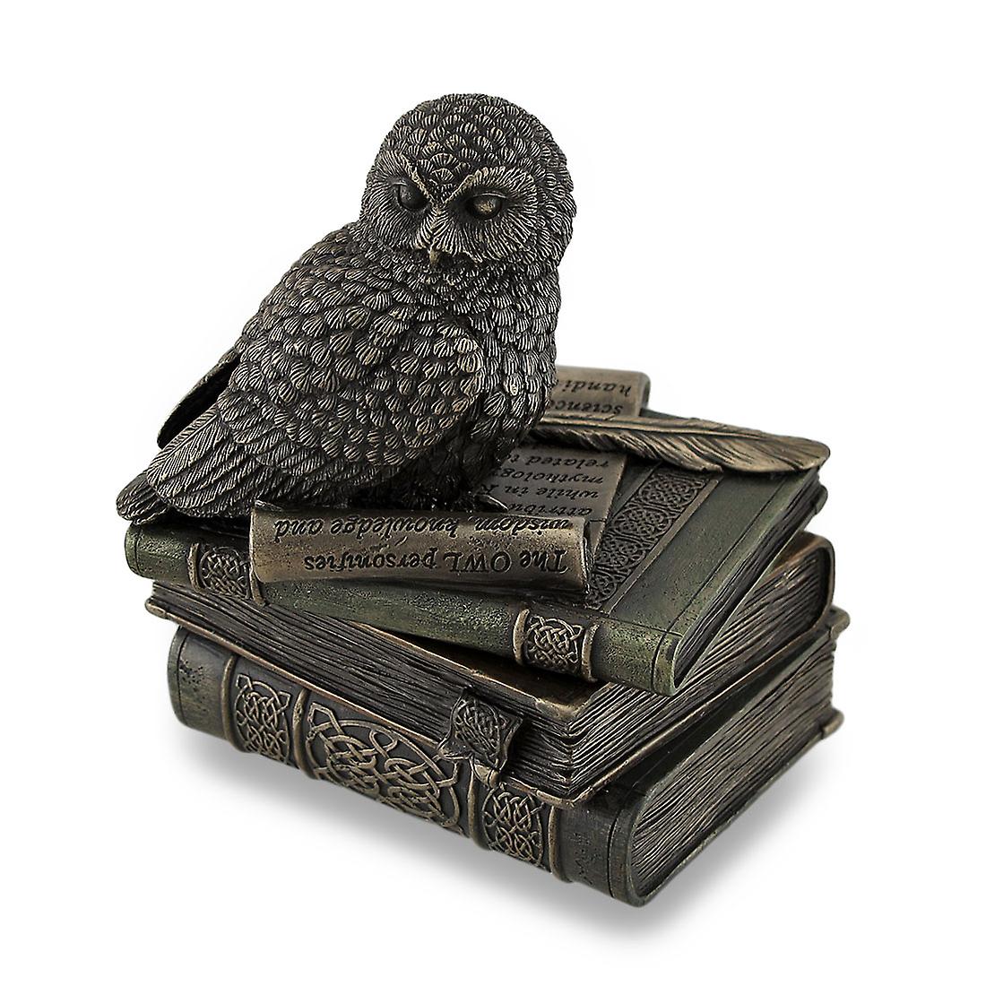 Owl Perched On Stack of Books Bronzed Trinket Box/Stash Box Statue