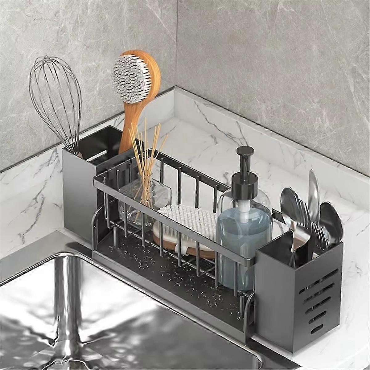 Kitchen Sink Organizer Rack - Plastic Self-Draining Shelf for Soap, Sponge, Dishcloth, Towel, with Filter Basket A