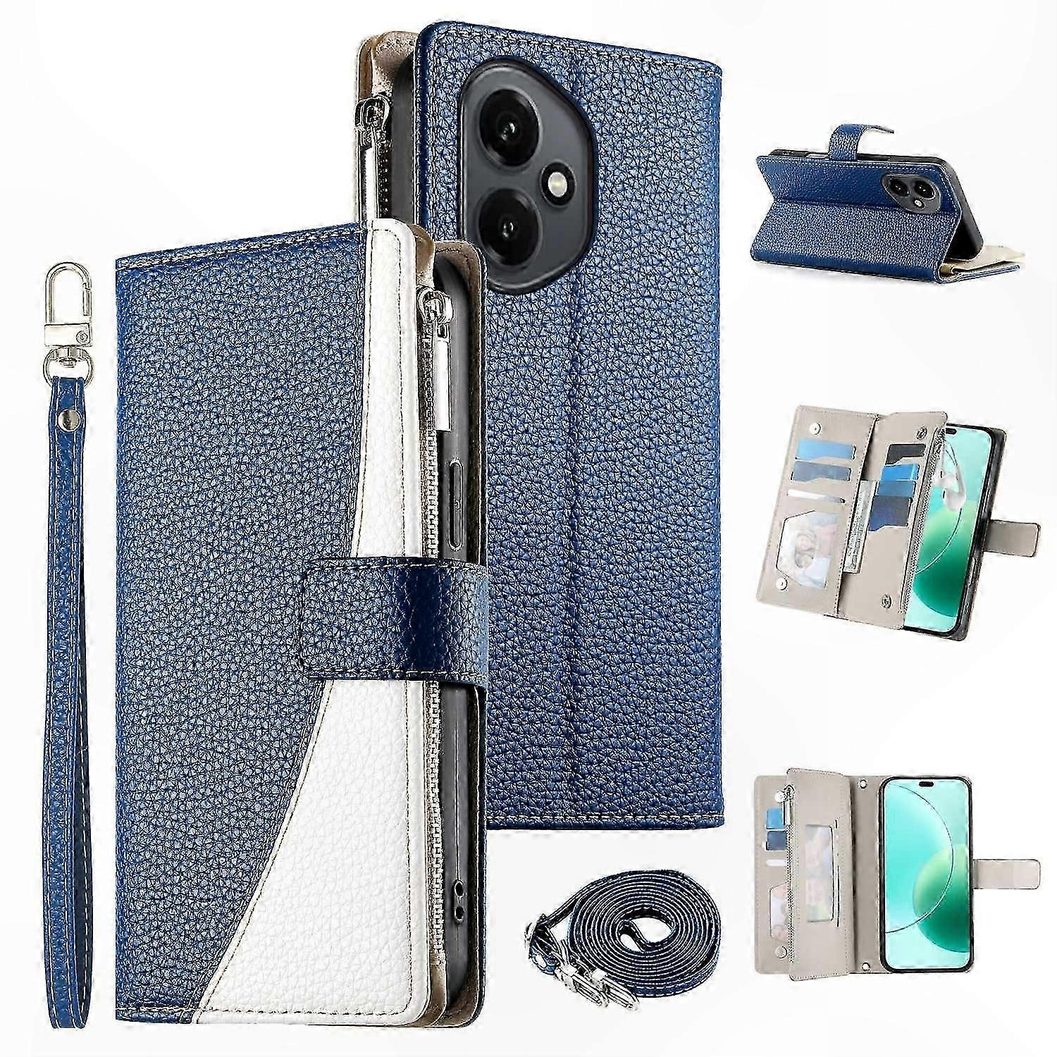 Leather Flip Wallet Case with Zipper and Straps for 5G Smartphones