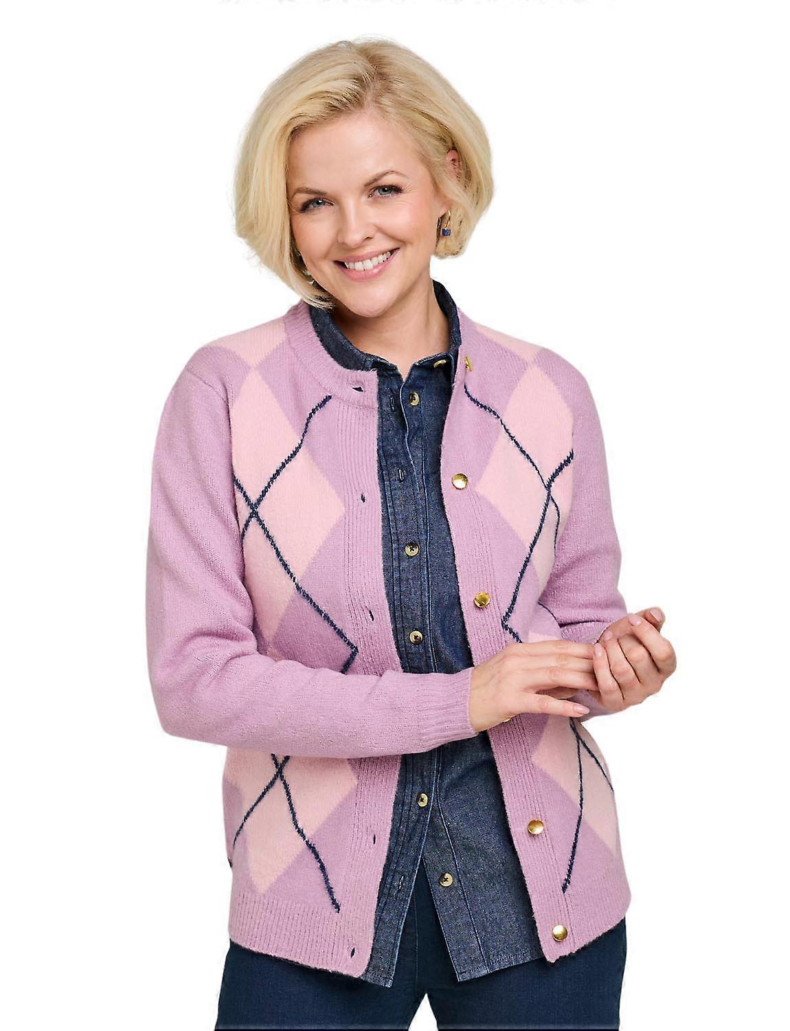 Amber | Ladies | Soft Knit Argyle Gold Button Cardigan