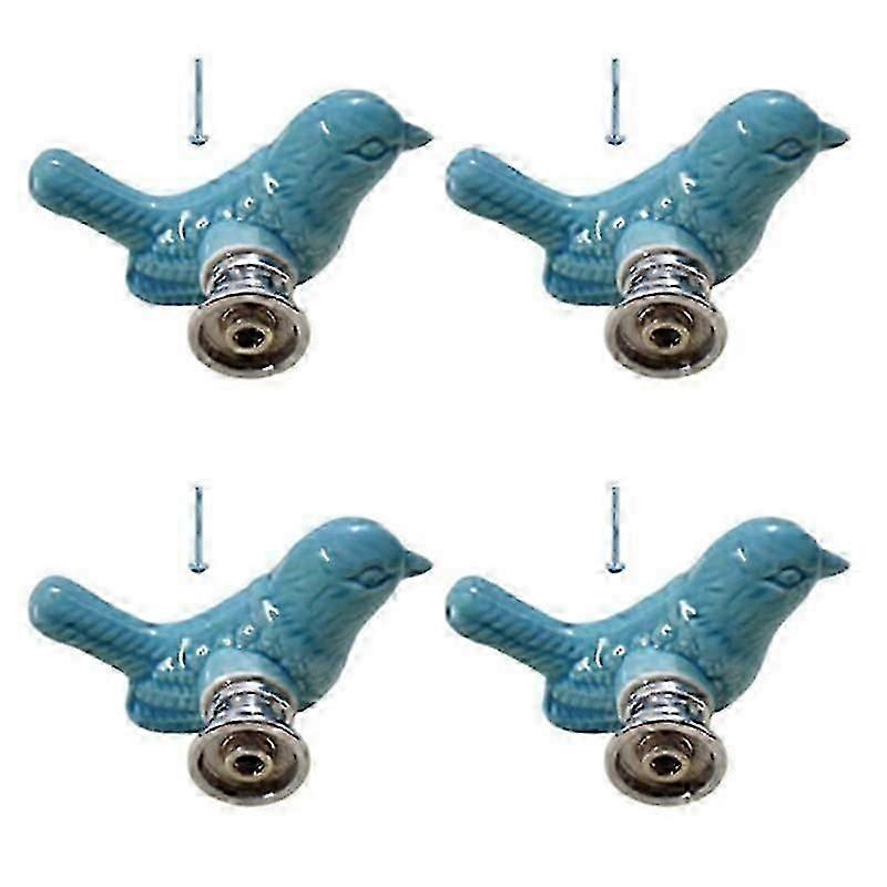 4Pack Green Cute Bird Design Cabinet Door Knobs, Ceramic Drawer Knobs , Vintage Cupboard Pull Handle (Blue)