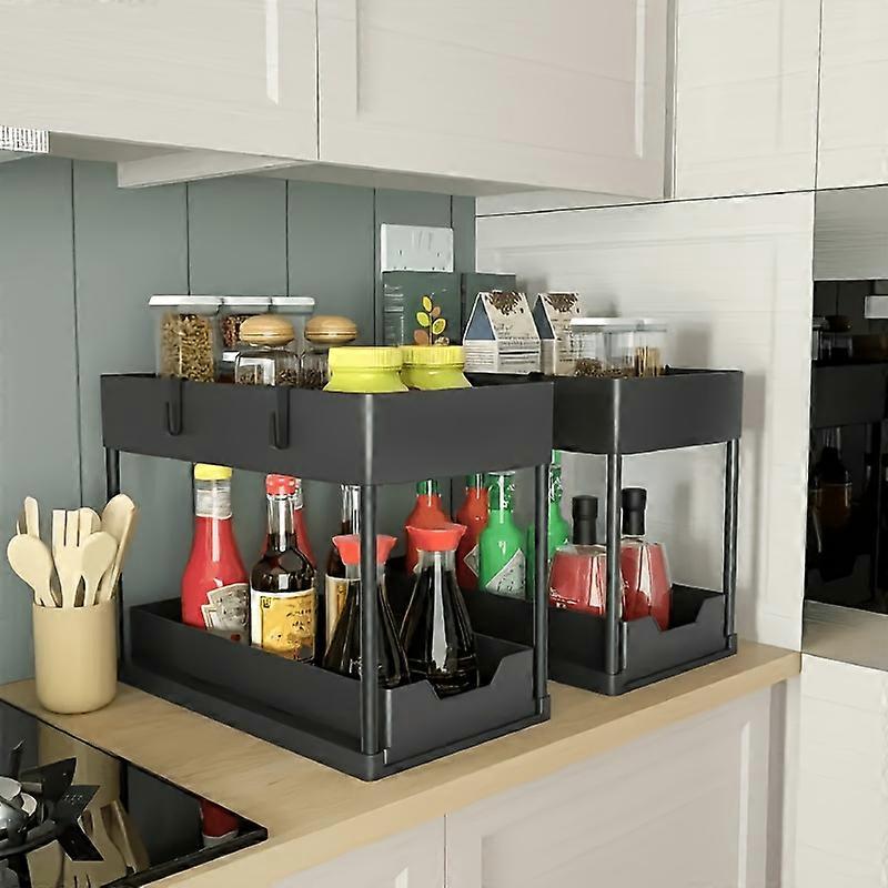 2-Tier Black Plastic Under Sink Organizer - Sliding Drawers, Hooks, Space-Saving Storage for Kitchen, Utensils