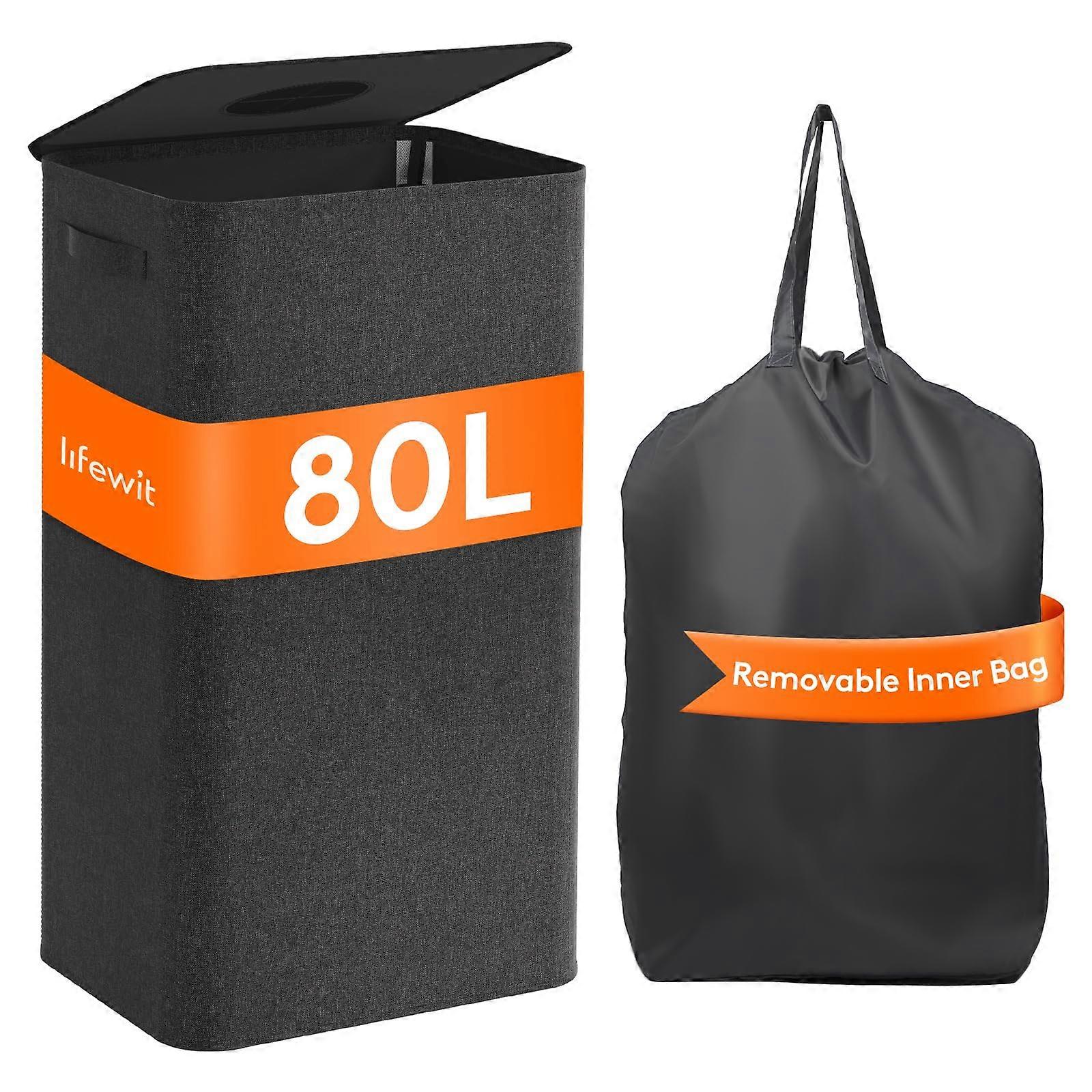 80L Large Laundry Hamper With Lid, Collapsible Basket, Reusable Inner Bag, Tall Dirty Clothes Hamper, Black/Dark Gray