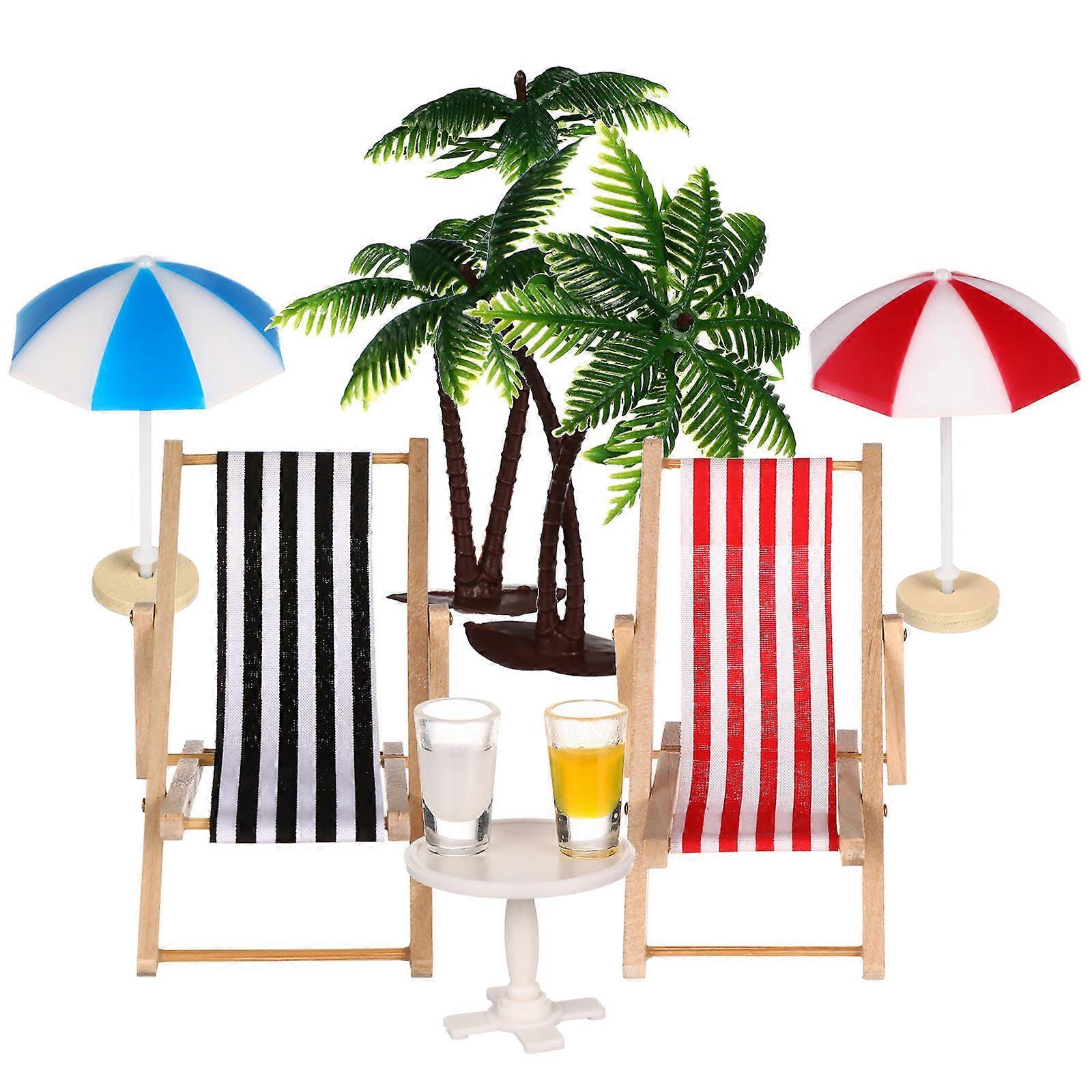 Beach Micro Landscape Miniature Set for Decoration Featuring Parasols and Coffee Table