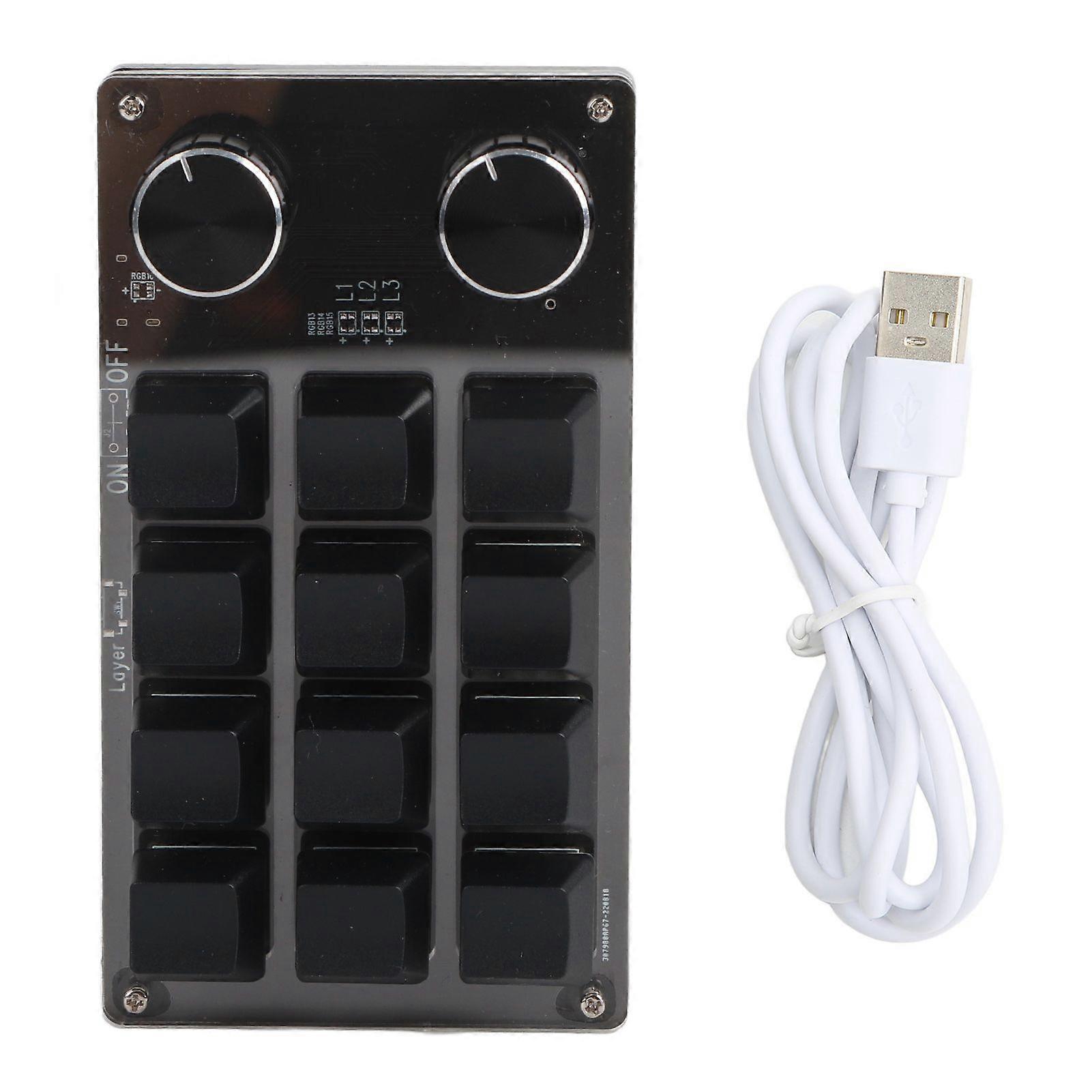 Programmable Macro Keyboard 2 Knobs Blue Switch Black 12 Keys Mini Keypad with RGB for Office Games Music Media